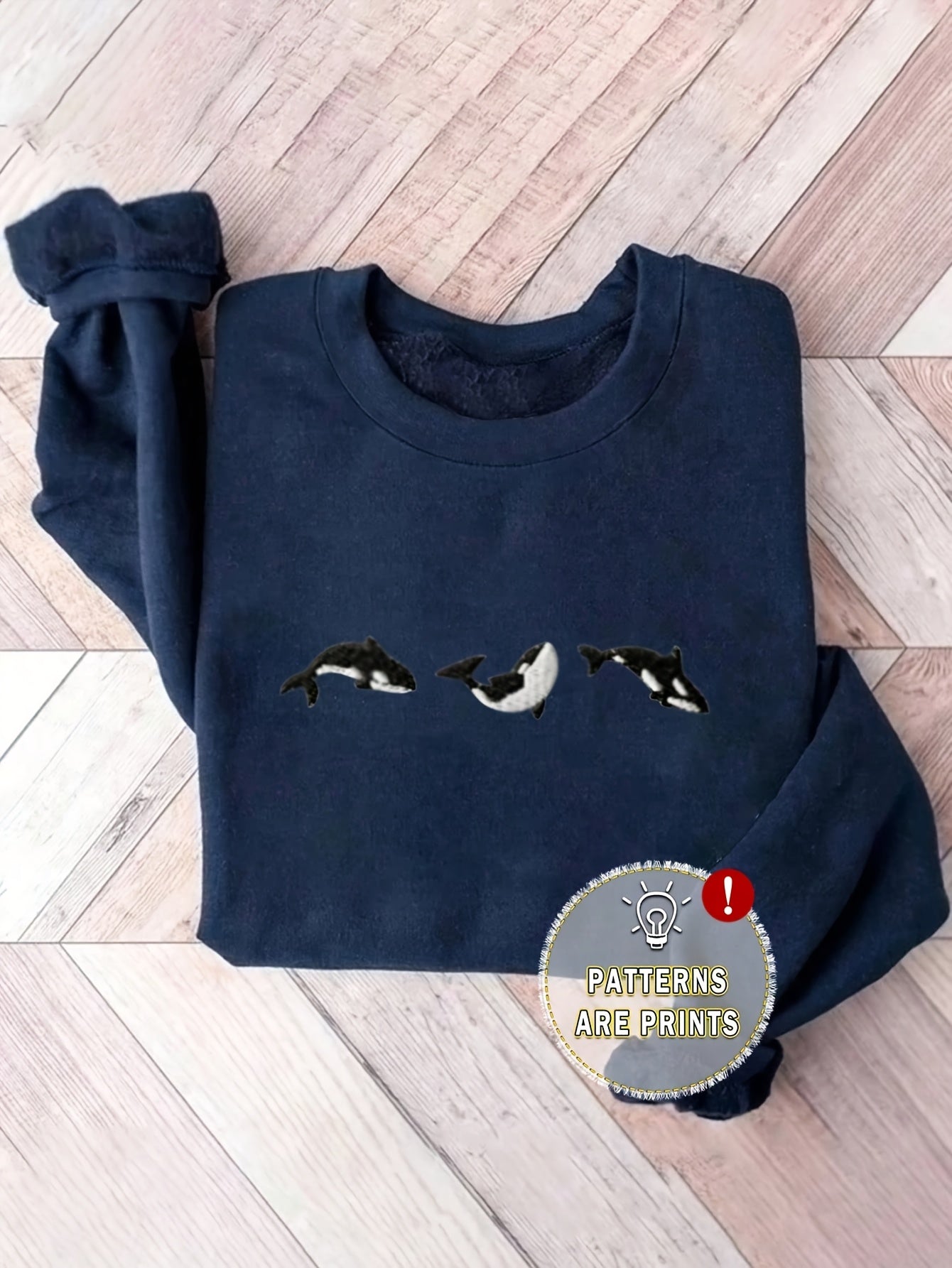Women's Thick Fleece-Lined Winter Sweatshirt - Warm Orca Whale Embroidery Pullover, Navy Blue Round Neck Casual Sportswear, Machine Washable for Autumn & Winter, Cozy Clothing, Soft Fabric Construction, Cold Weather Clothing,