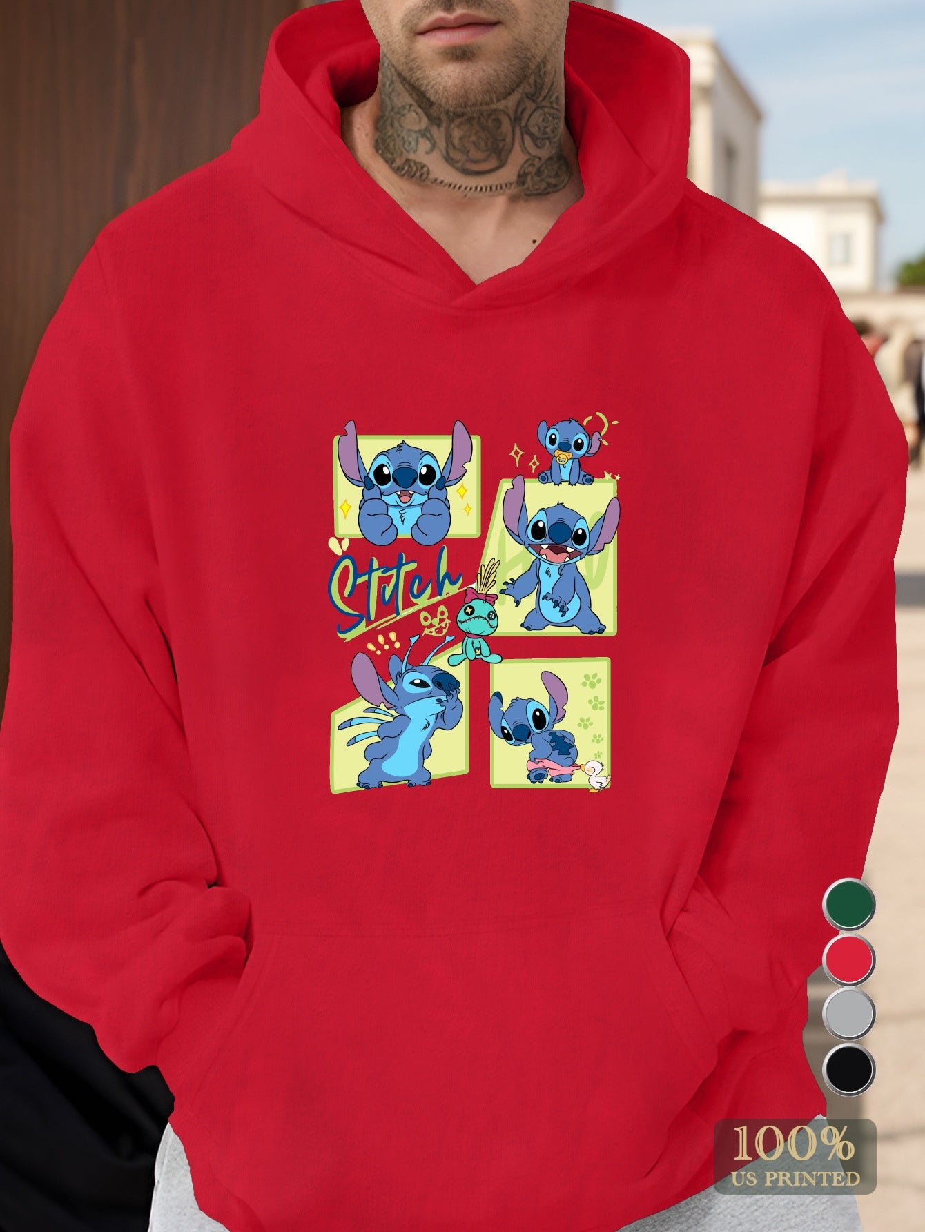 Men'S Stitch Cartoon Character Hoodie - Gray Casual Pullover with Front Pocket, Loose Fit, Long Sleeve, Non-Stretch Fabric for Fall/Winter, Cute Hoodies