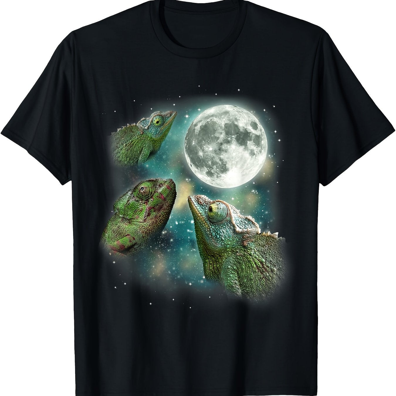 Three Chameleon Moon 3 Magic Forest Reptile Jungle Animal T-Shirt - Black Casual Short Sleeve Tee with Vibrant Cosmic Chameleon & Moon Graphic, Regular Fit Round Neck for Adults, Machine Washable, Allseason Apparel, Mystical