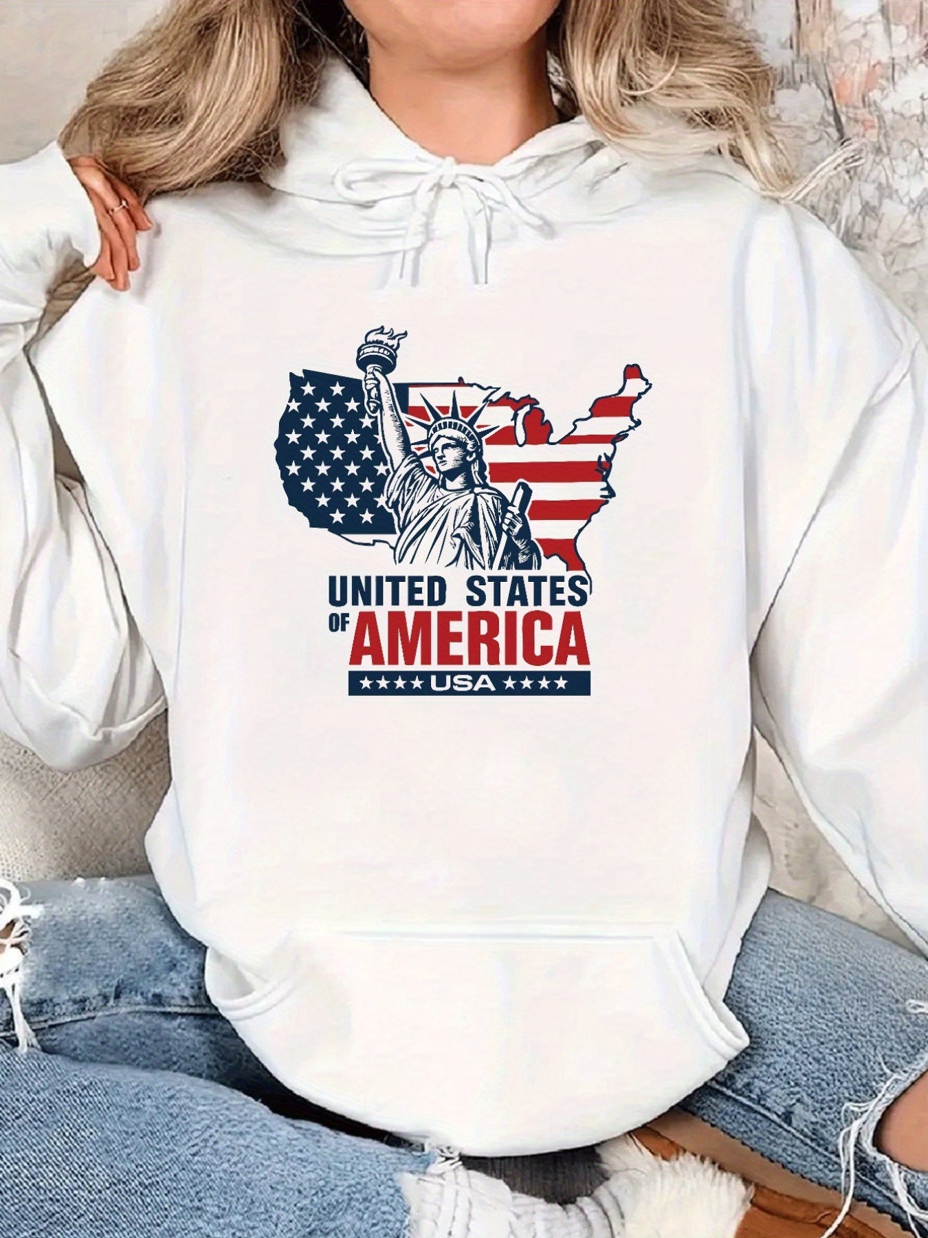 Women's Patriotic Statue of Liberty & USA Map Graphic Hoodie - White Loose Fit Casual Pullover with 