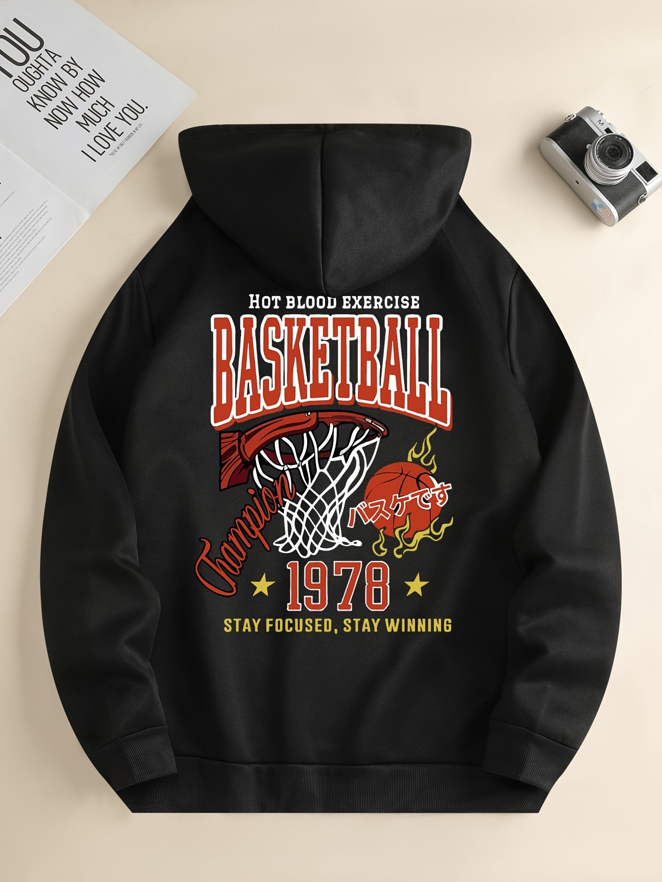 Men'S Retro Basketball Print Hoodie - Casual Drawstring Sweatshirt with Kangaroo Pocket, Breathable & Lightweight, Machine Washable, Black with Orange & White Graphic Design, Perfect for Spring & Fall, Basketball Apparel | Sp