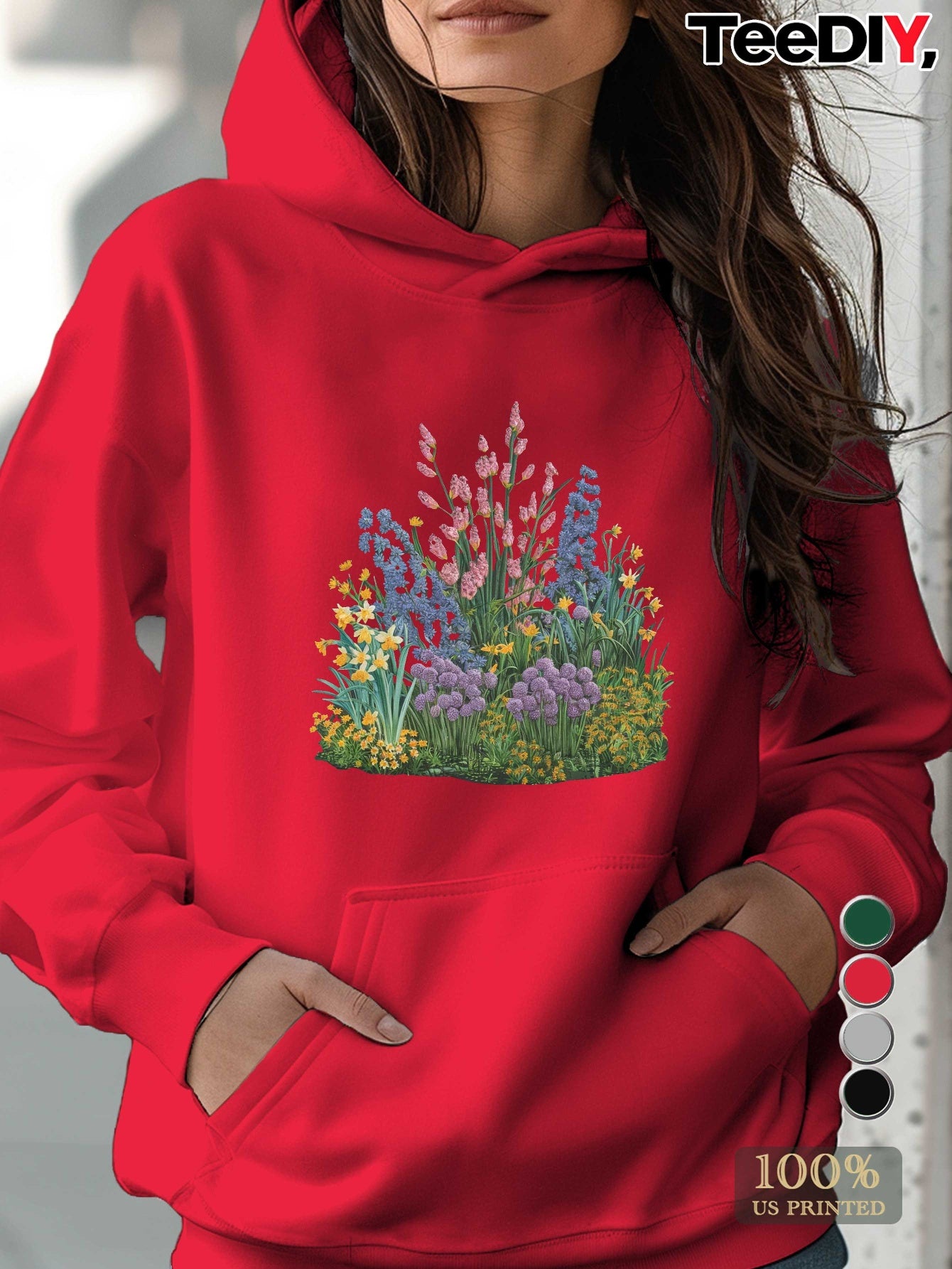 teediy Women's Hoodie with Embroidered Miniature Garden Floral Design, 100% Polyester, Front Pockets, Regular Fit Long Sleeve Casual Pullover for Autumn/Winter, Machine Washable