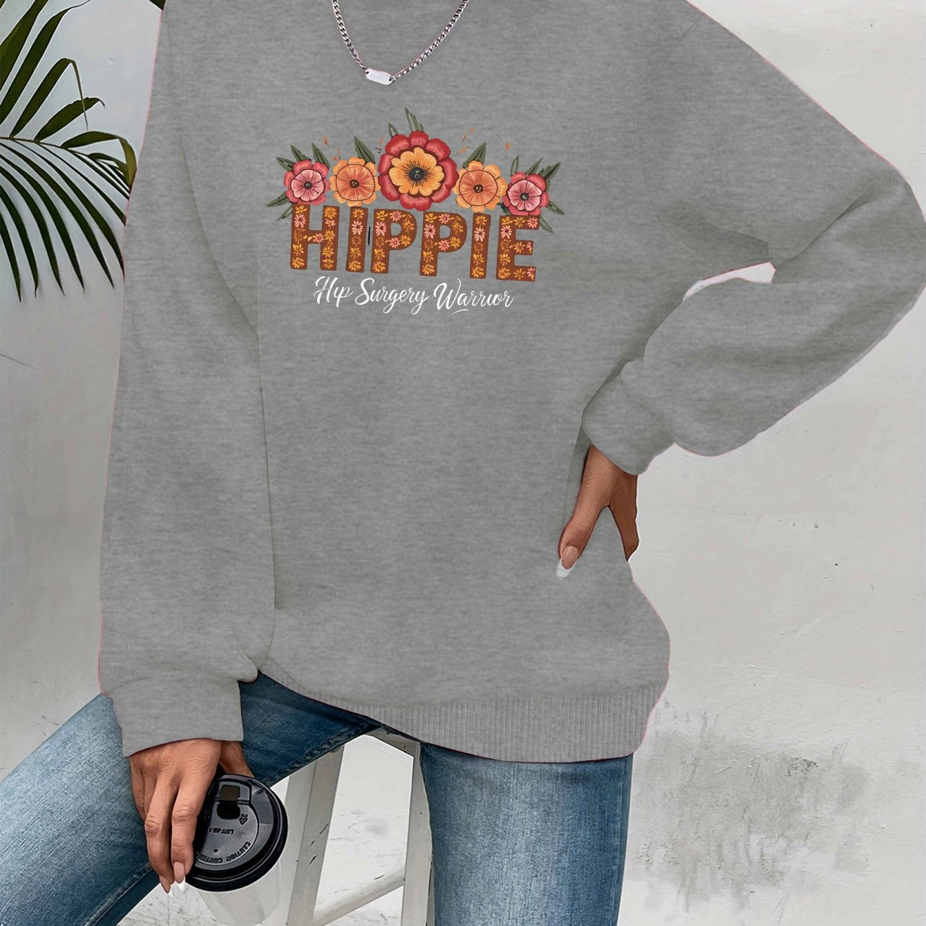 [Relaxed Style] Women's Hippie Warrior Sweatshirt - Cozy Gray Long Sleeve Crewneck with Colorful Floral and Geometric Embroidery, Casual Fall/Winter Polyester Pullover, Clothing Top | Floral Top | Glossy Fabric, Hippie Clothe