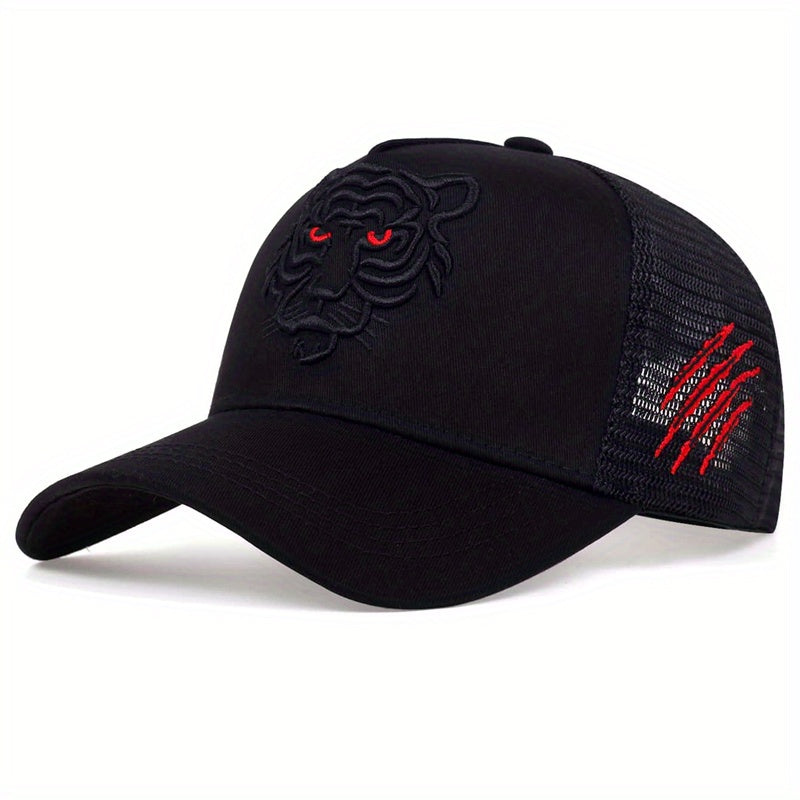 Tiger Embroidery Unisex Baseball Cap Solid Color Mesh Breathable Trucker Hat Adjustable Sports Sun Hats For Women & Men