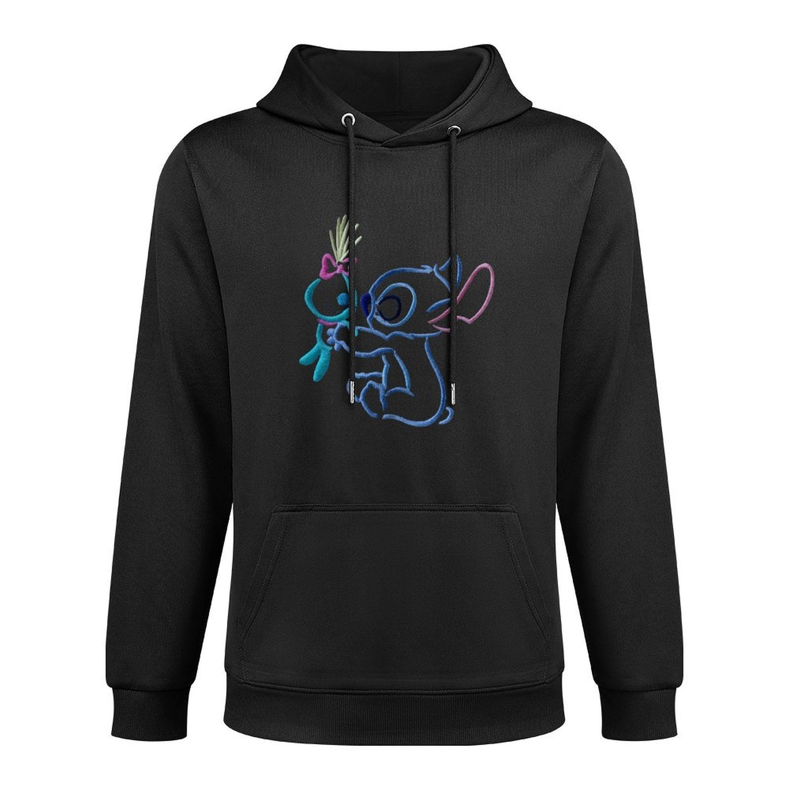 Disney Men's Black Retro Pullover Hoodie with Stitch & Angel Embroidery Art & Disney Friends Digital Print, Soft Regular Fit Casual Sweatshirt, Machine Washable, Front Pockets, Disney Hoodie, Durable Fabric