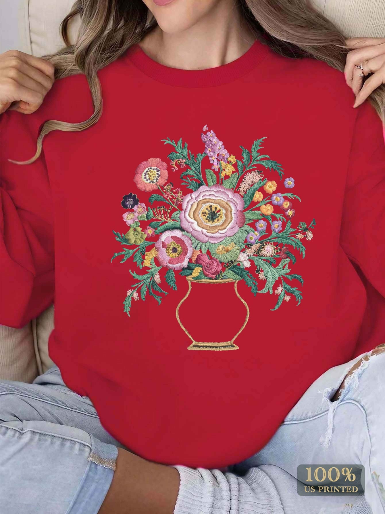 Cozy Floral Embroidered Women's Sweatshirt - Casual Crew Neck, Long Sleeve Pullover for Fall & Winter, Machine Washable
