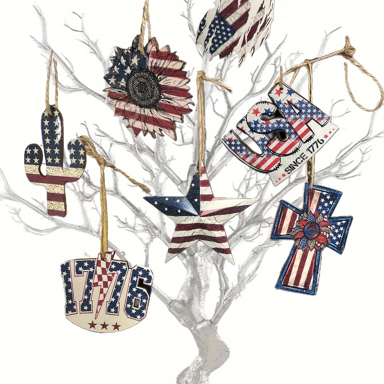 Vintage Wooden Patriotic Tree Ornaments: Celebrate Independence Day with Rustic American, Star, Cactus, Sunflower, and Cross Ornaments