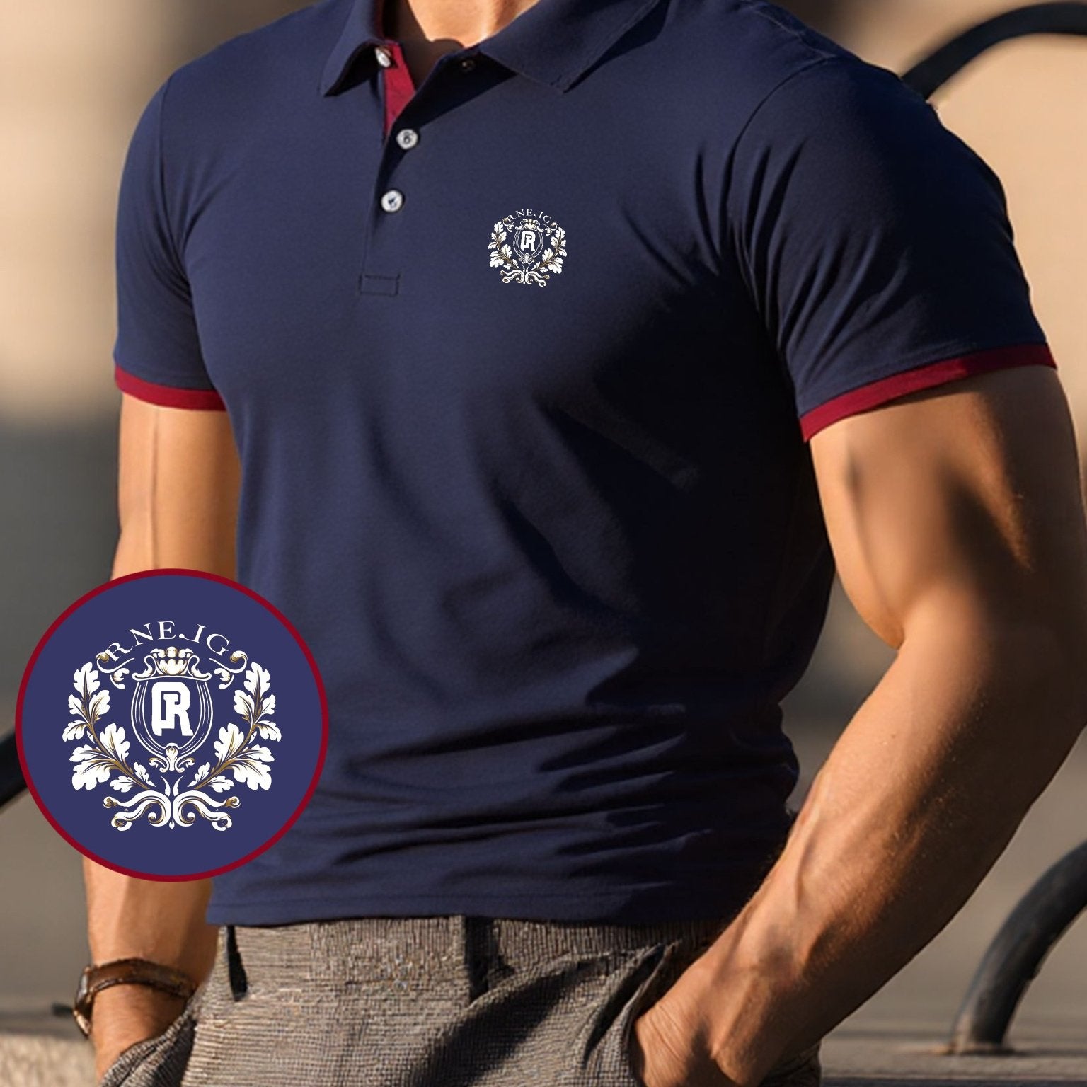 Men's Summer Short-Sleeve Shirt - Breathable Knit Fabric with Geometric Badge Pattern, Sweat Absorbent Casual Sportswear, Regular Fit Button-Up Collar for Outdoor, Parties & Casual Attire, Outdoor Activities, Stylish Sportswe