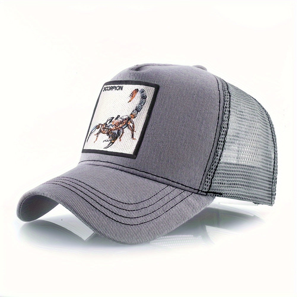 Unisex Embroidered Scorpion Baseball Cap - Breathable Mesh Trucker Hat for Outdoor Sports & Hip-Hop Style, Summer Casual Wear, Black & Beige Design with Bold 