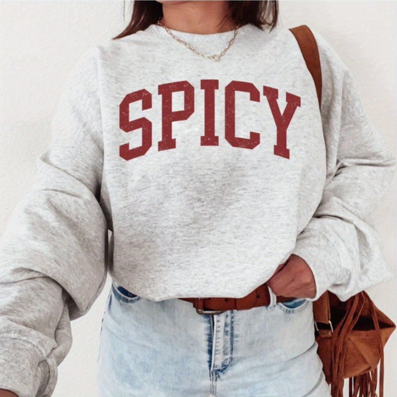 Women'S Casual Crew Neck Sweater, Letter Print Long Sleeve Pullover for Autumn/ Winter, Knit Grey Sweatshirt