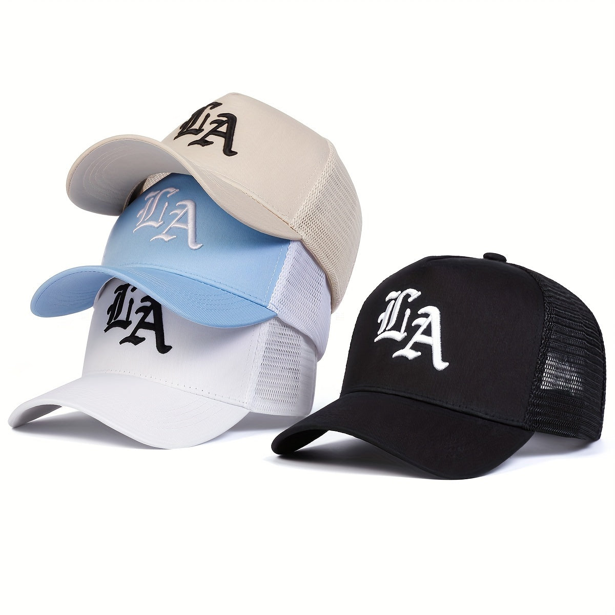 Adjustable LA Letter Baseball Cap - Women's Mesh Back Trucker Hat for Spring/Fall Travel, Beach and Party