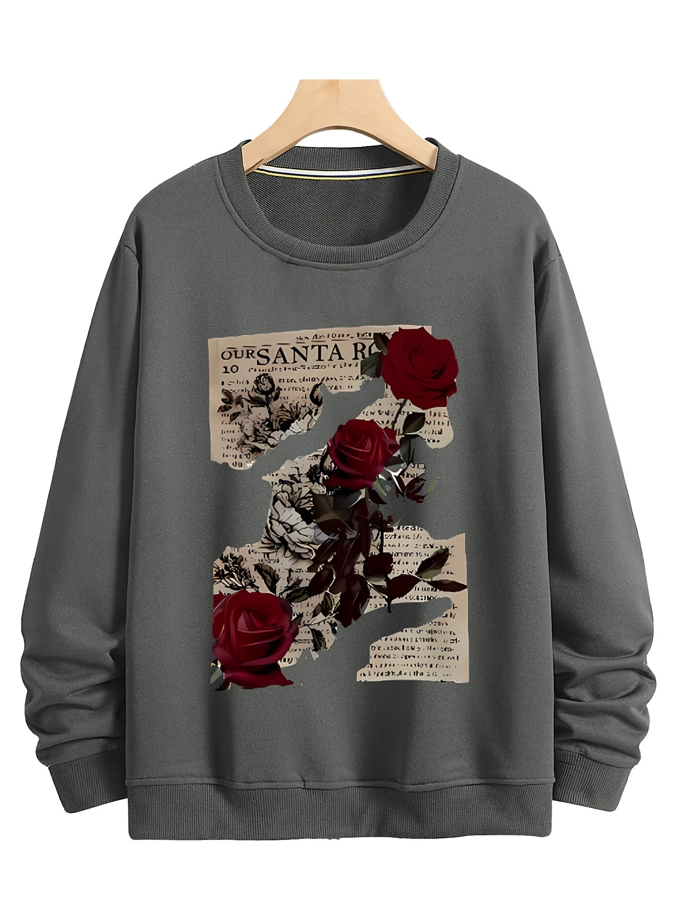 Rose shredded paper Round neck printed hoodie, spring and autumn micro elastic long sleeved, patterned casual hoodie, street style, sports style, retro style top