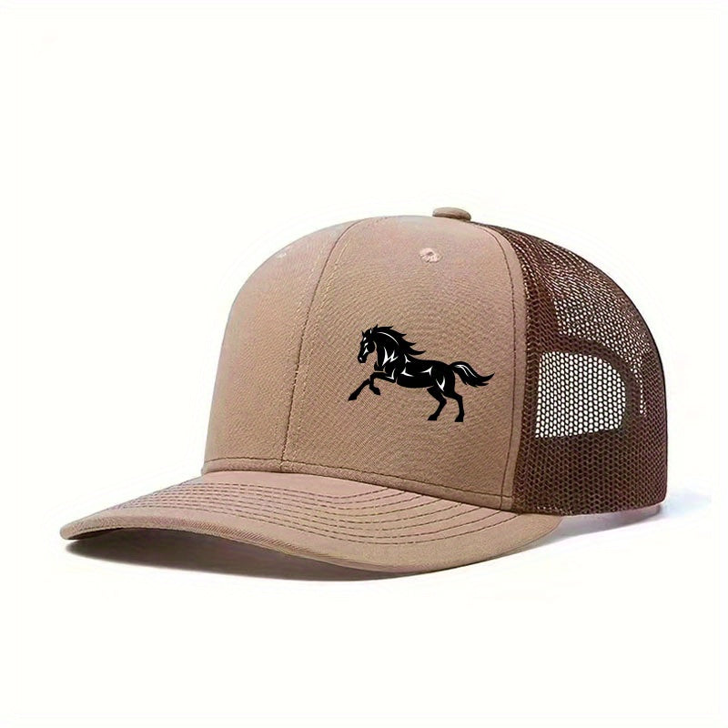 [Adventure] Men's Black Mesh Baseball Cap with Running Horse Design - Breathable Trucker Hat for Outdoor Sports & Casual Wear