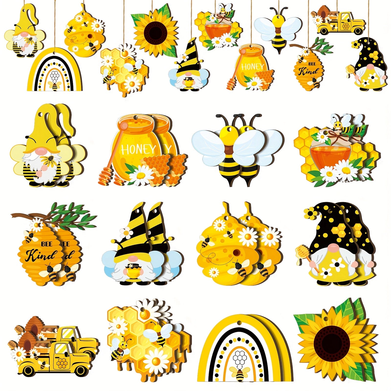 [Bee Wooden Ornaments] 24pcs Wooden Bee Ornaments | Bee Hanging Sign, Bee Gnome, Wood Hanging Decoration for Bee Themed Party