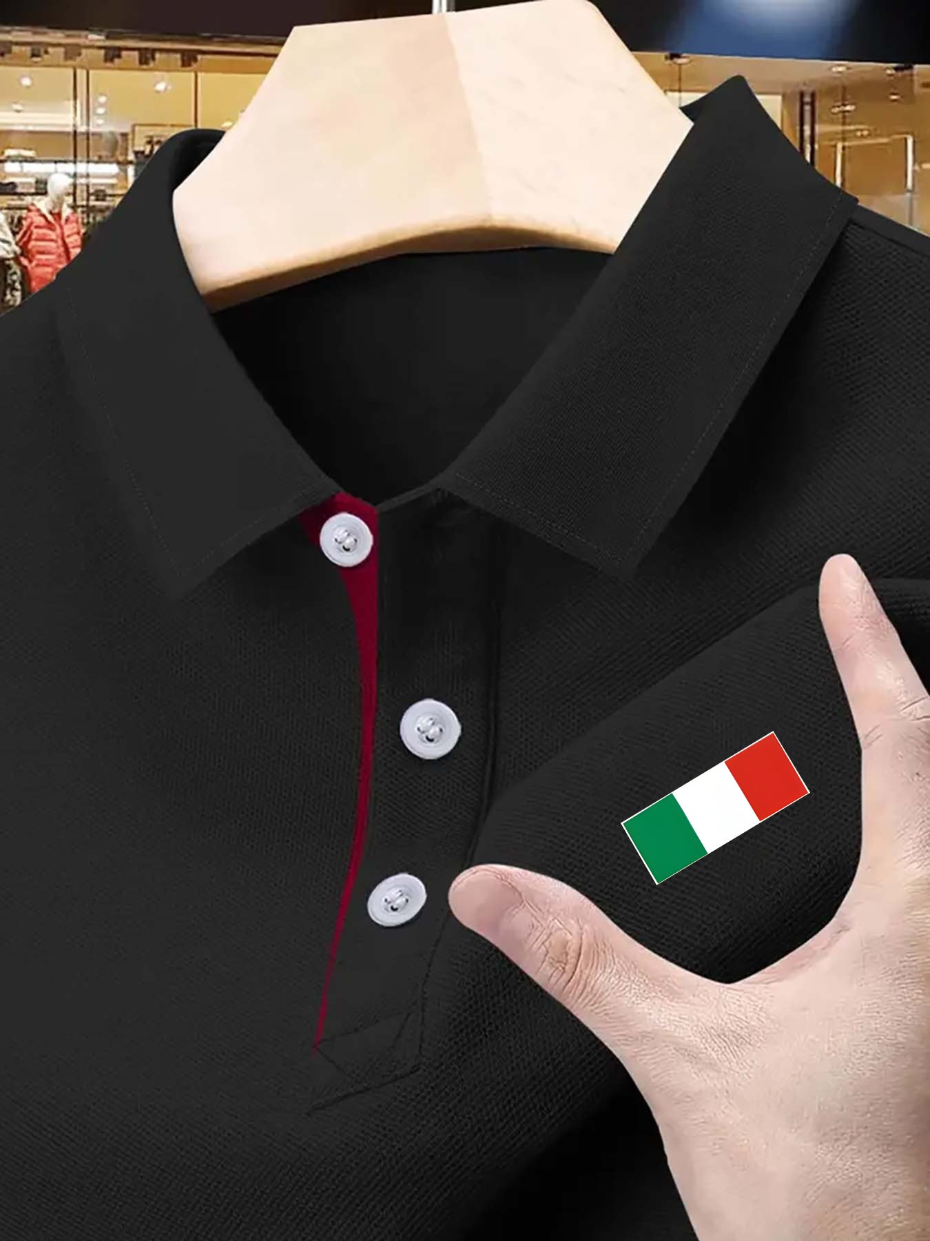 Men's Stretch Shirt - Deep Red Italian Flag Print, Breathable Knit Fabric, Button Collar & Red Trim, Regular Fit for Summer Golf & Outdoor Activities, Golf Shirt, Easycare Material