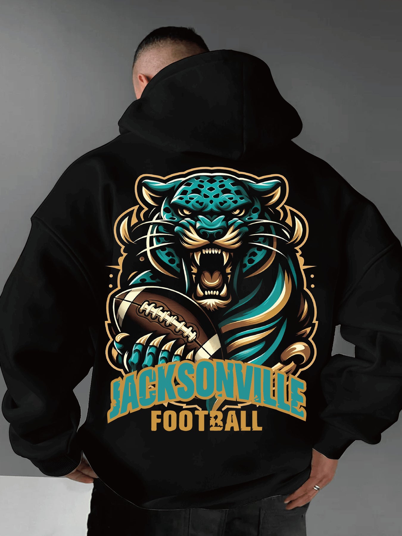 Men's Jacksonville Football-Themed Hoodie - Casual Cotton Blend, Long Sleeve Pullover with Drawstring & Kangaroo Pocket, Black with JAGUAR Graphic, Football Hoodie