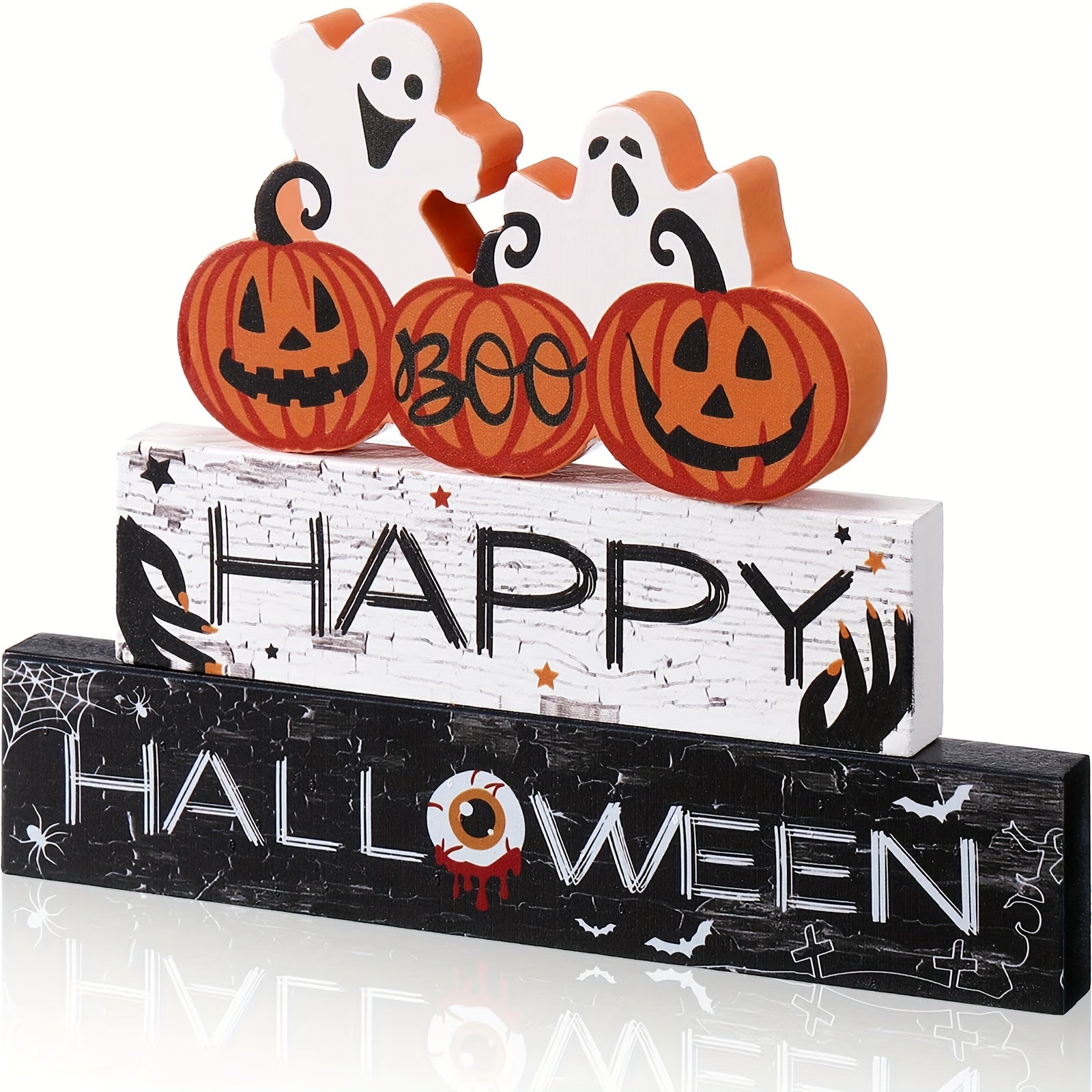 Happy Halloween Wooden Sign Centerpiece Pumpkin Ghost Eyeball Table Top Decor Spooky Rustic Freestanding Boo Tier Tray Halloween Decor Rustic Wood Block Plaque For Home Fireplace