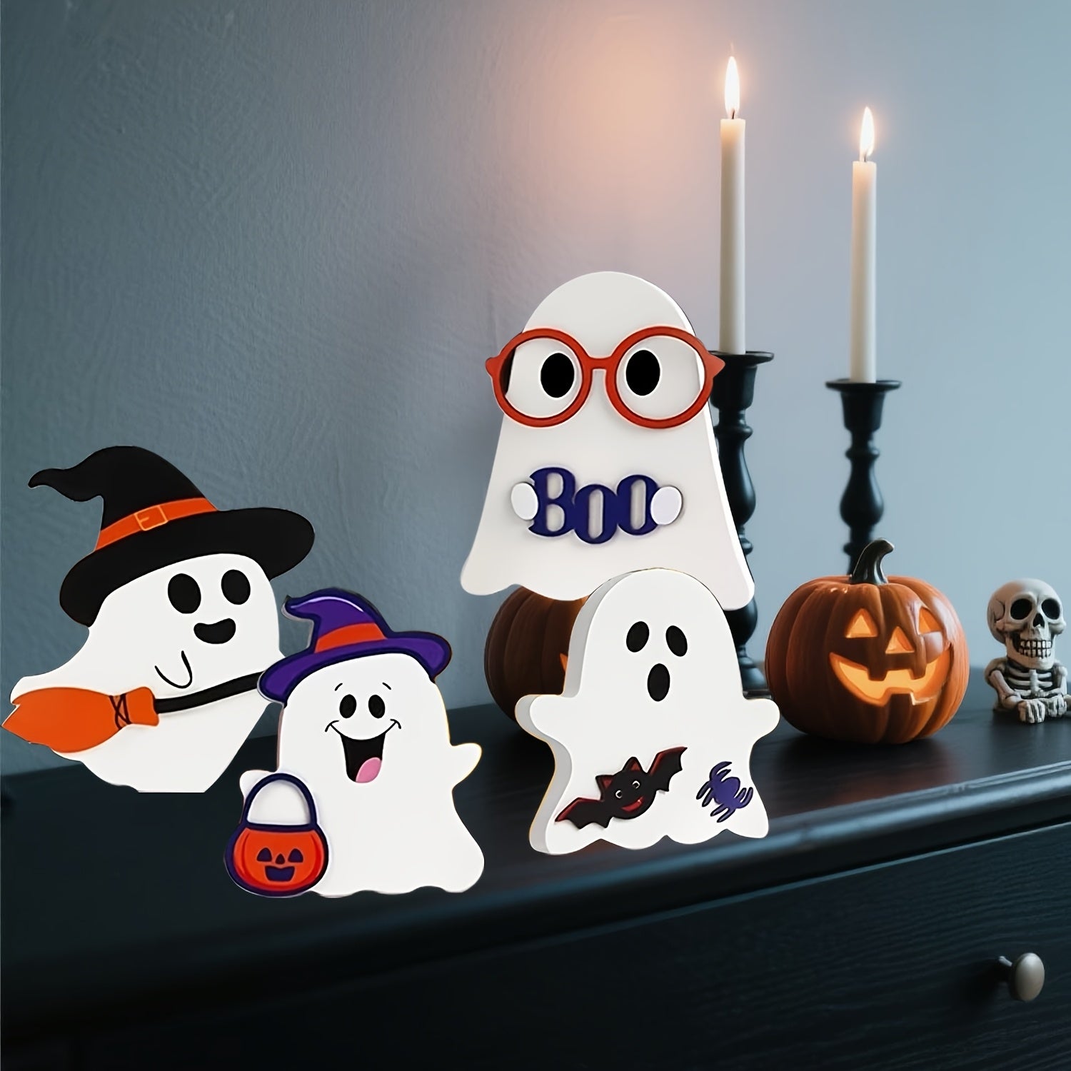 Cute Halloween Decorations Indoor - Halloween Decor/ Decor, 4pcs Wooden Halloween Signs for Table, Office Desk, Tiered Tray, Fireplace Mantle - Spooky Halloween Decorations