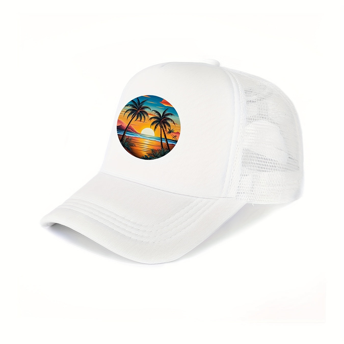 Unisex Tropical Sunset Print Trucker Cap - Adjustable Breathable Mesh Back Baseball Hat for Outdoor Activities