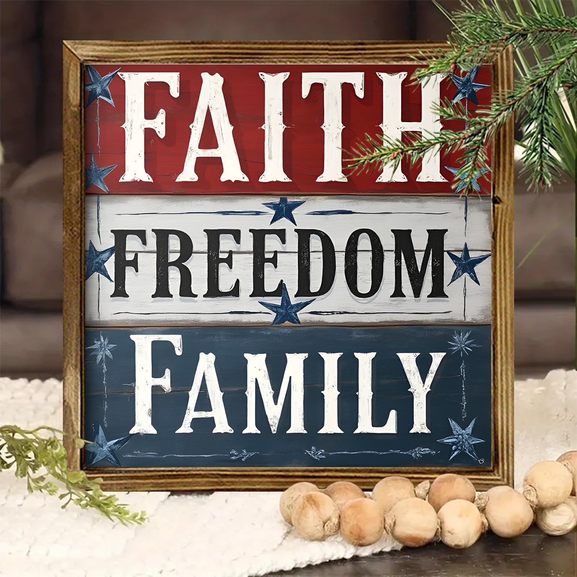 [2D FLAT]8x8 Inch Rustic Wood Wall Art Sign - Farmhouse Style Faith Freedom Family Decor with Distressed White Background & Red/Blue Stars, No Electricity Needed, Easy Wall-Mounted for Kitchen Bathroom Living Room Entryway, H