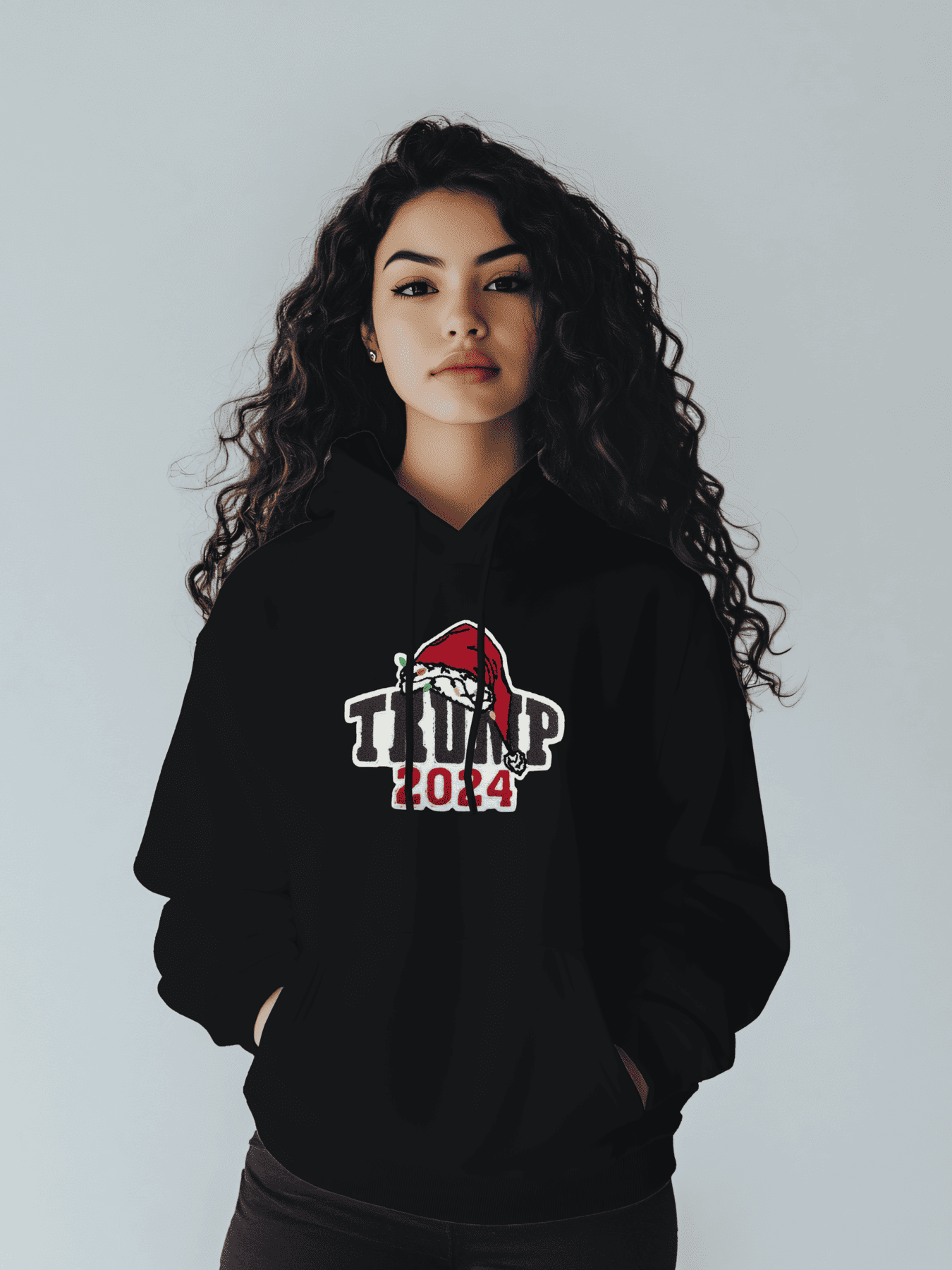 Trump 2024 Women's Embroidered Applique Hoodie - Casual & Sporty, Long Sleeve, Blend, White with Santa Hat Design, Perfect Gift Idea for Spring