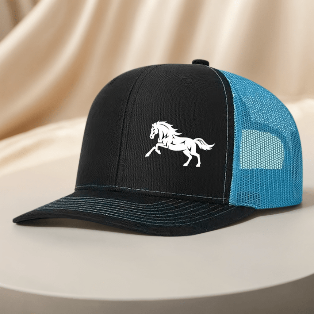 [Adventure] Men's Black Mesh Baseball Cap with Running Horse Design - Breathable Trucker Hat for Outdoor Sports & Casual Wear