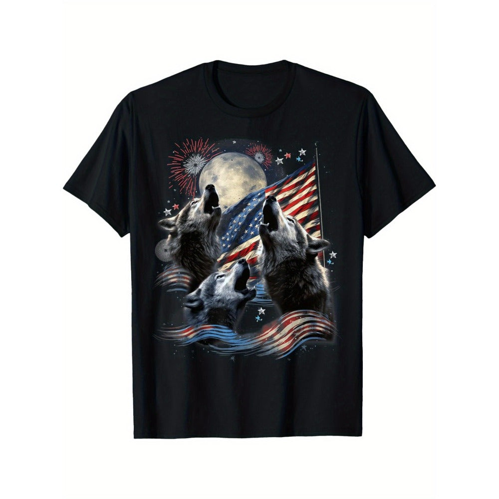 1pc Howling Wolves and Moon American Flag T-Shirt, Polyester - Patriotic Design, 3 Wolf, America