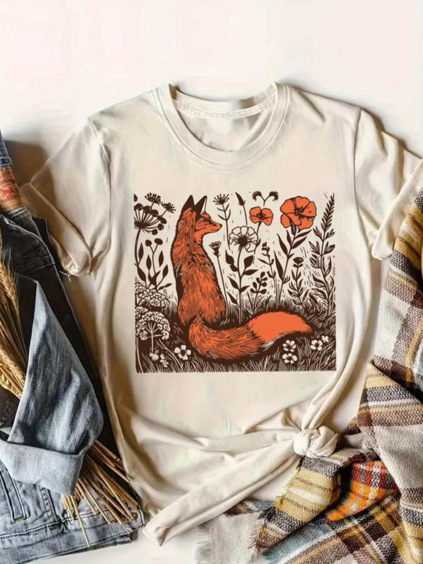 [Soft Cotton T-Shirt] Soft Cotton Women's Rustic Fox & Floral Graphic T-Shirt | High Elasticity Breathable Streetwear Top for Spring/Summer, Casual Daily Wear, Machine Washable Gift, Ladies T Shirts, Everyday Comfort, Streets