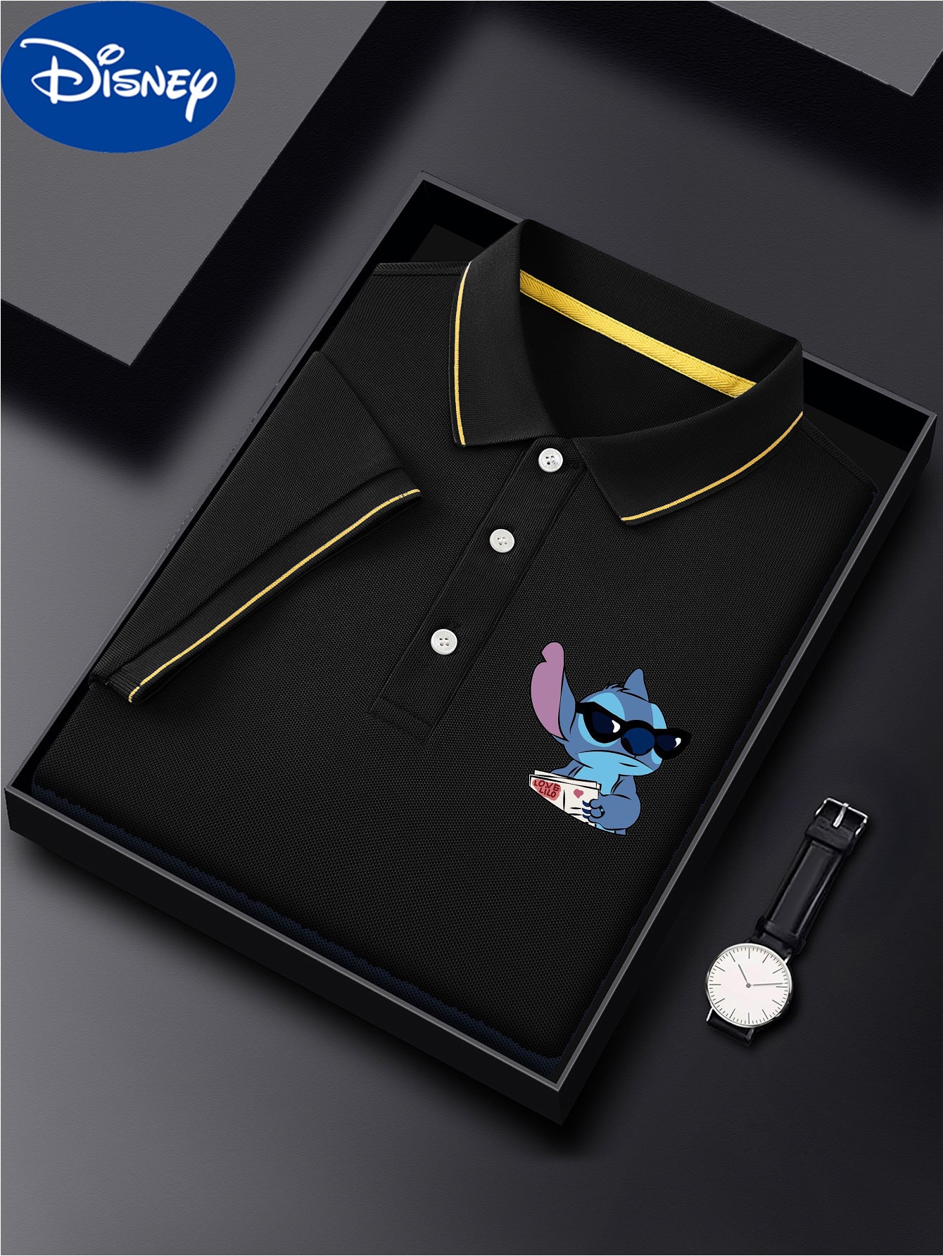 Disney Stitch Cool Glasses Print Short Sleeve Polo Shirt, Premium Business Casual, Short Sleeve Color Blocked Collar Design, Lightweight Polyester, Quick Drying and Breathable Golf Shirt, Polo Shirt, Displayed in Gift Box, Fa