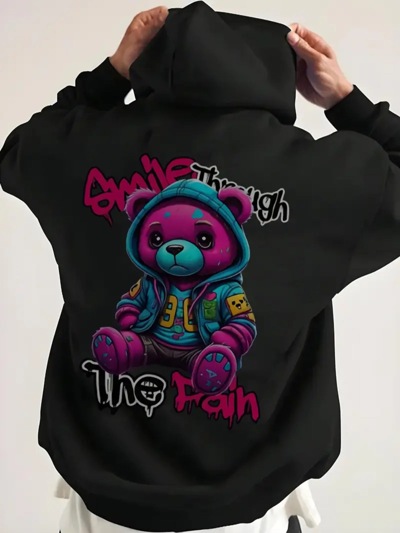 Men's Casual Cotton Blend Hoodie with Adorable Teddy Bear Print - Light Stretch Knit, Long Sleeve, Regular Fit, Machine Washable, Perfect for Fall/Winter Casual Attire