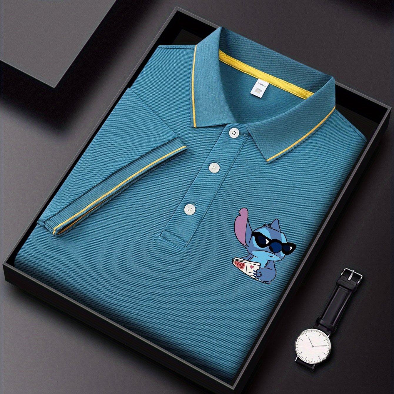 Disney Stitch Cool Glasses Print Short Sleeve Polo Shirt, Premium Business Casual, Short Sleeve Color Blocked Collar Design, Lightweight Polyester, Quick Drying and Breathable Golf Shirt, Polo Shirt, Displayed in Gift Box, Fa