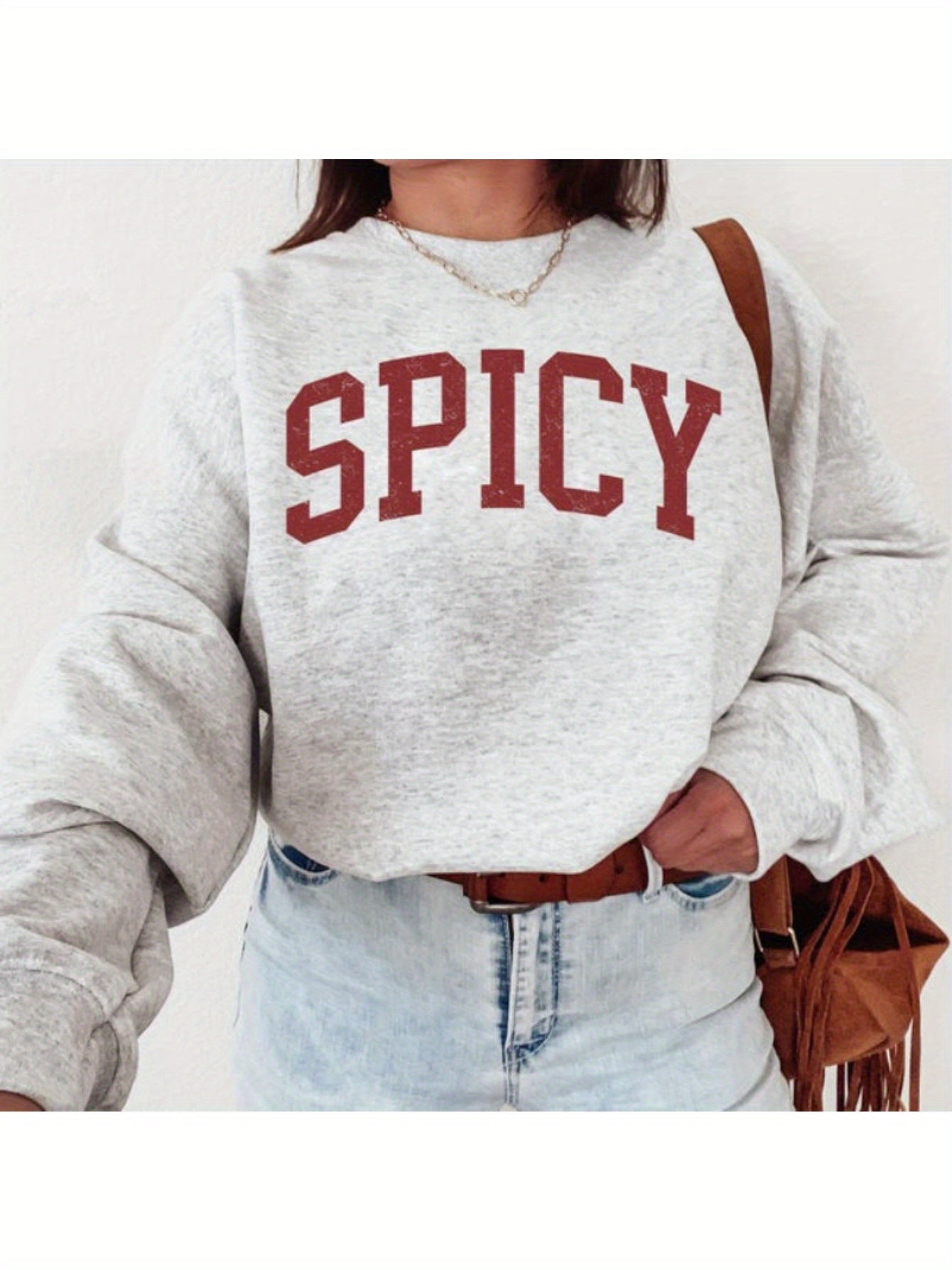 Women'S Casual Crew Neck Sweater, Letter Print Long Sleeve Pullover for Autumn/ Winter, Knit Grey Sweatshirt