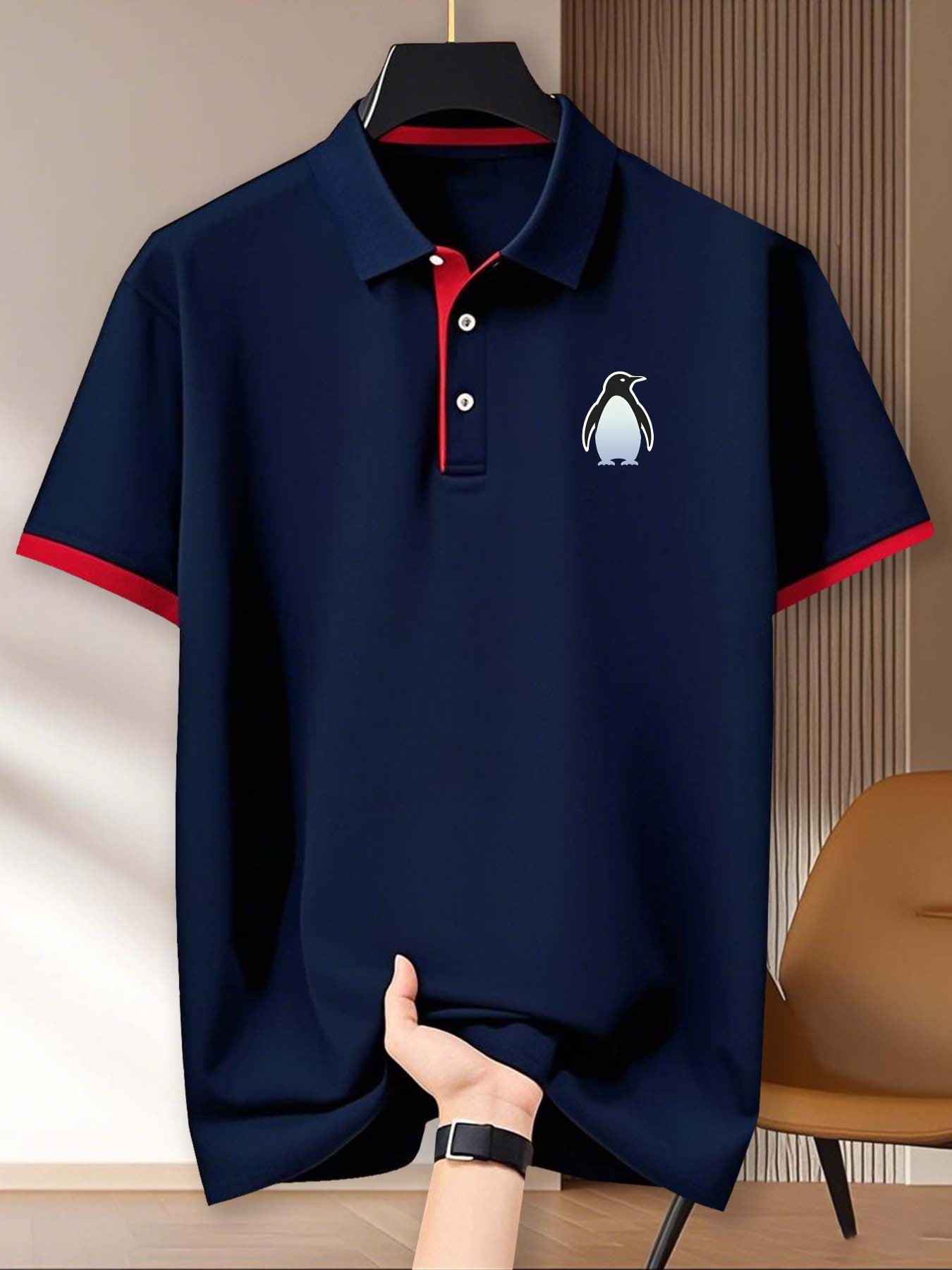 Men'S Gradient Penguin Pattern Short-Sleeve Golf Shirt, Casual Business Comfortable Tennis Training Top - Knit Polyester Fabric, Regular Fit, Collar Design, Slight Stretch, Geometric Pattern, Button Details