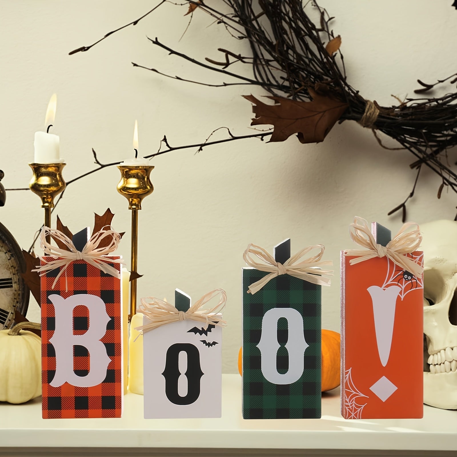 Halloween Wooden Boo Sign Block Decorations - Classic Farmhouse Tabletop Decor with Plaid & Solid Color Designs, Artificial Wood Battery-Free Fireplace Mantel Shelf Decor for Indoor Parties, Halloween Decor