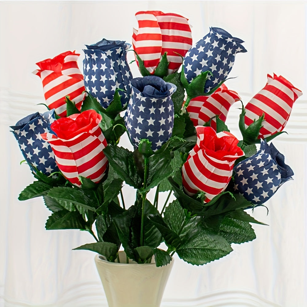 11 Patriotic American Flag Roses Bouquet - Plastic Silk-Like Red White & Blue Stripes with Green Foliage, Memorial Day Veterans Day Home Decor, Cemetery Wreath, No Vase Needed