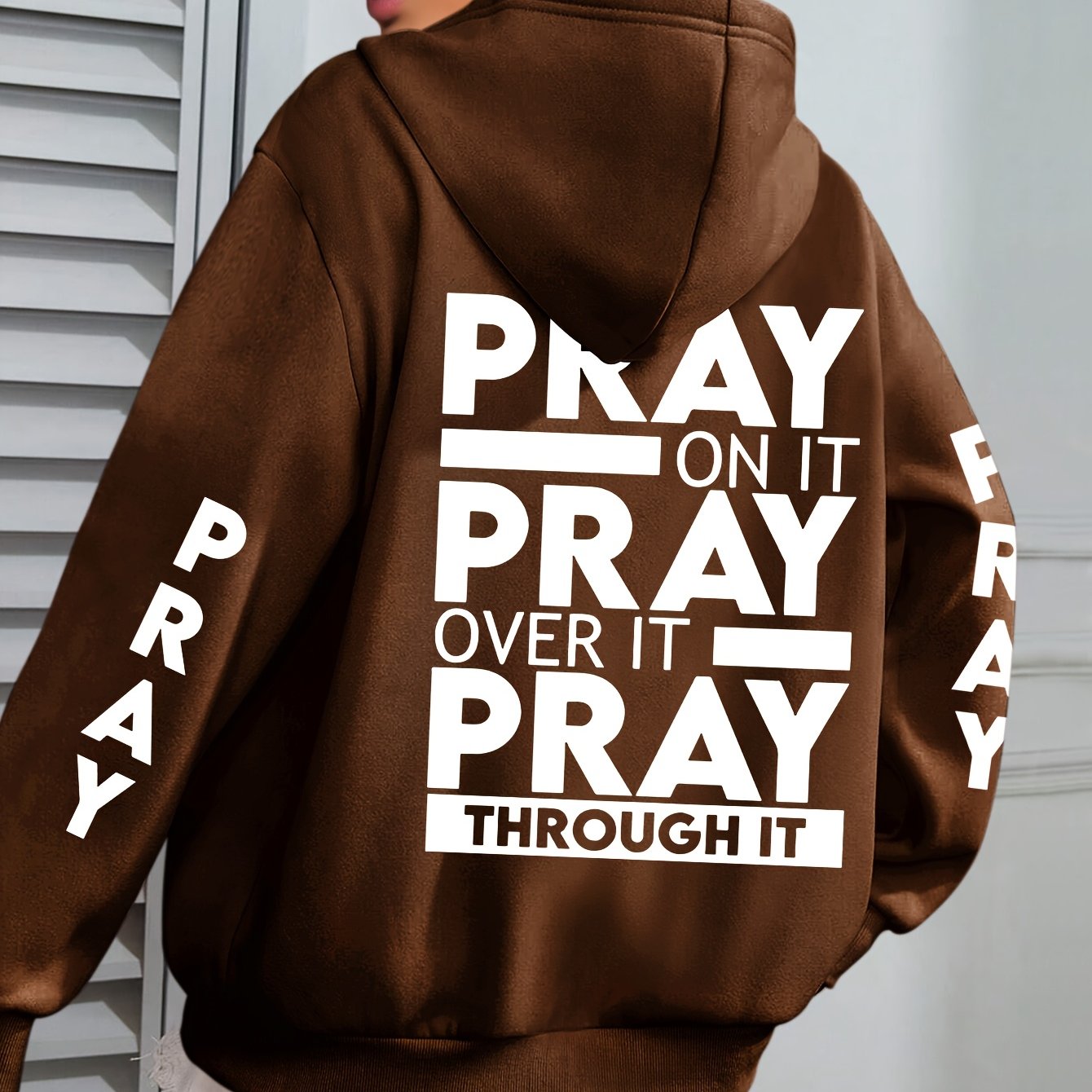 Plus Size PRAY Print Kangaroo Pocket Hoodie - Cozy Casual Long Sleeve Drawstring Sweatshirt with Relaxed Fit for Spring and Fall, Soft and Breathable Fabric, Women's Comfortable Plus Size Clothing