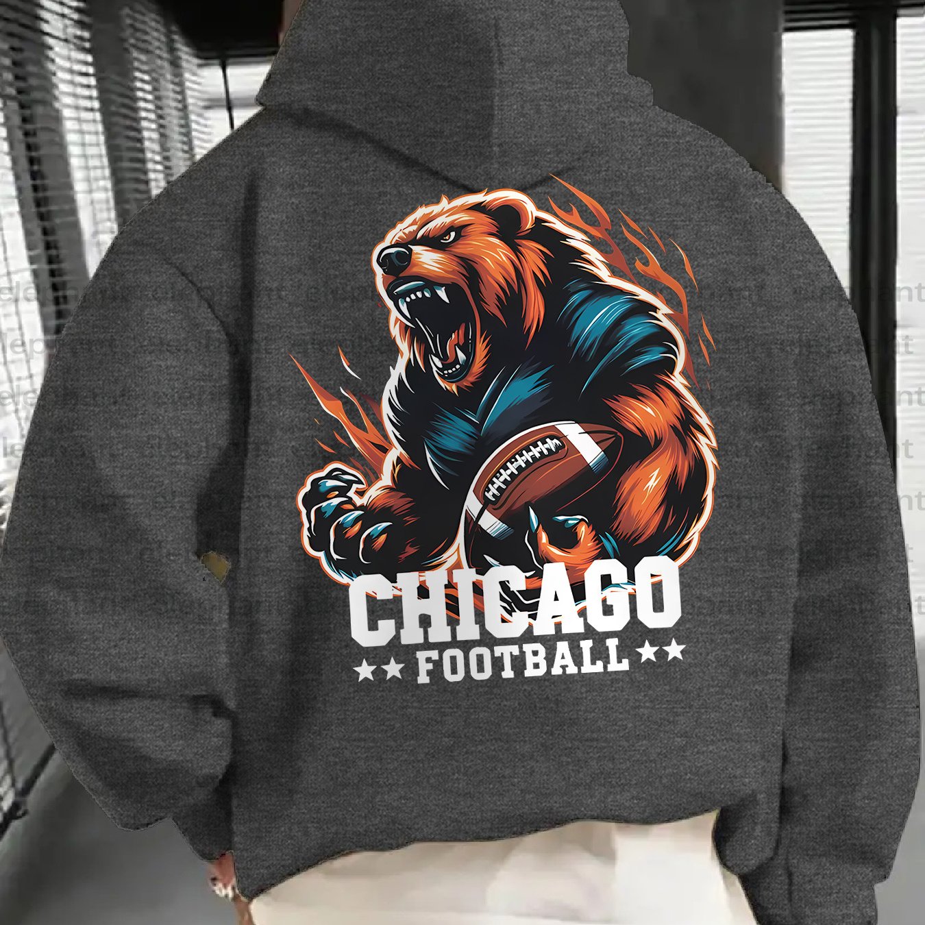 [Casual Graphic Print Hoodie Men] Chicago Football Graphic Print Hoodie for Men - Casual Thickened Sweatshirt with Pocket, Stylish Design, Perfect for Autumn and Winter