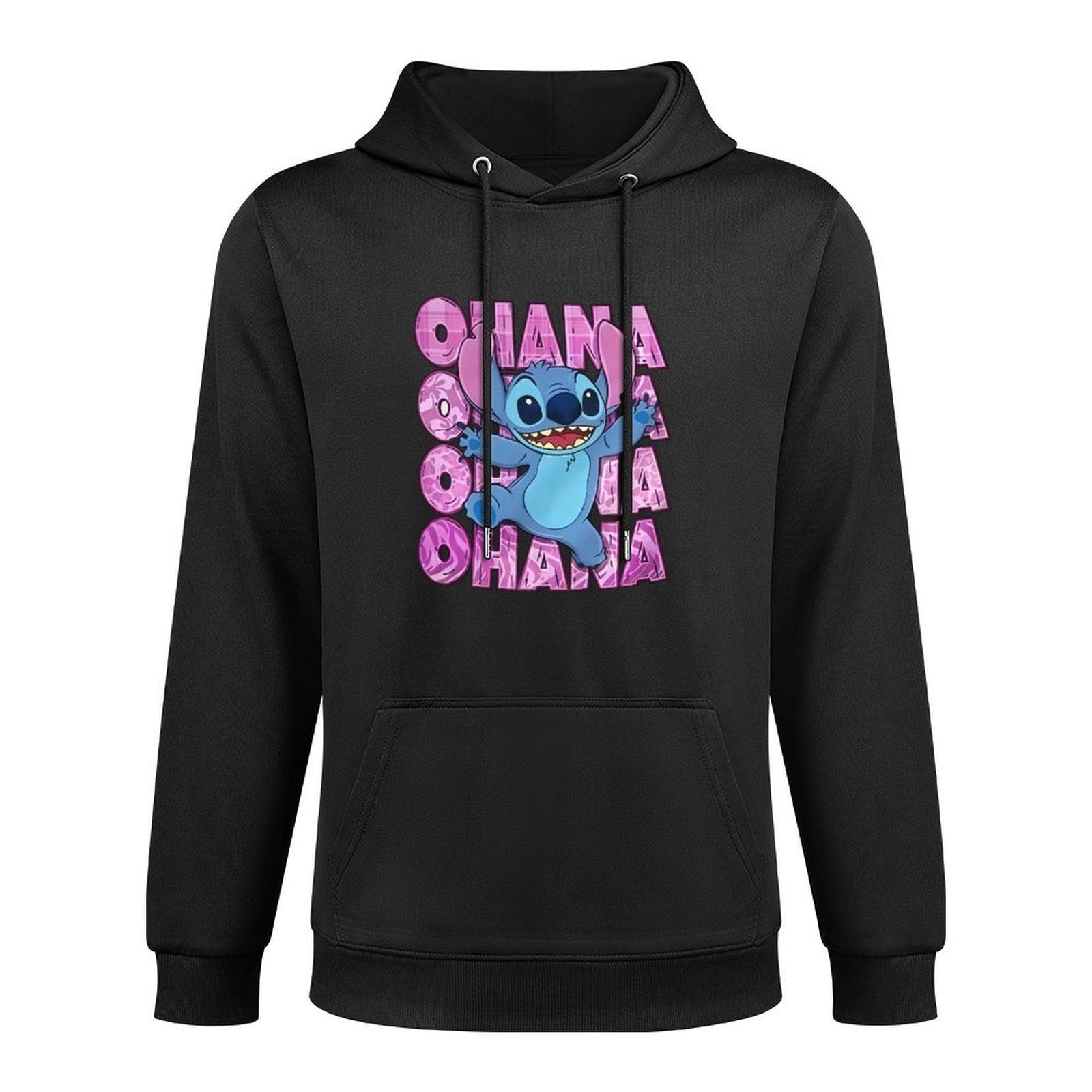 Disney Men'S Black Retro Pullover Hoodie with Stitch Ohana Disney Friends Digital Print, Soft Regular Fit Casual Sweatshirt, Machine Washable, Disney Sweatshirt