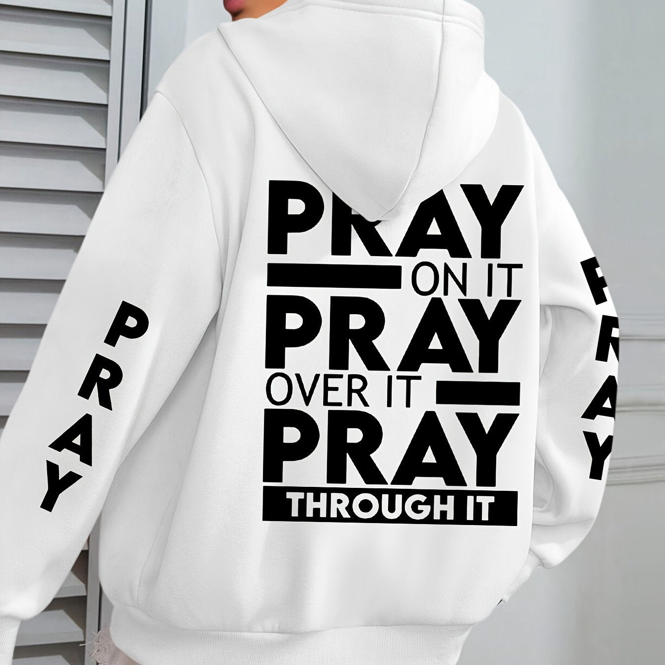 Plus Size PRAY Print Kangaroo Pocket Hoodie - Cozy Casual Long Sleeve Drawstring Sweatshirt with Relaxed Fit for Spring and Fall, Soft and Breathable Fabric, Women's Comfortable Plus Size Clothing