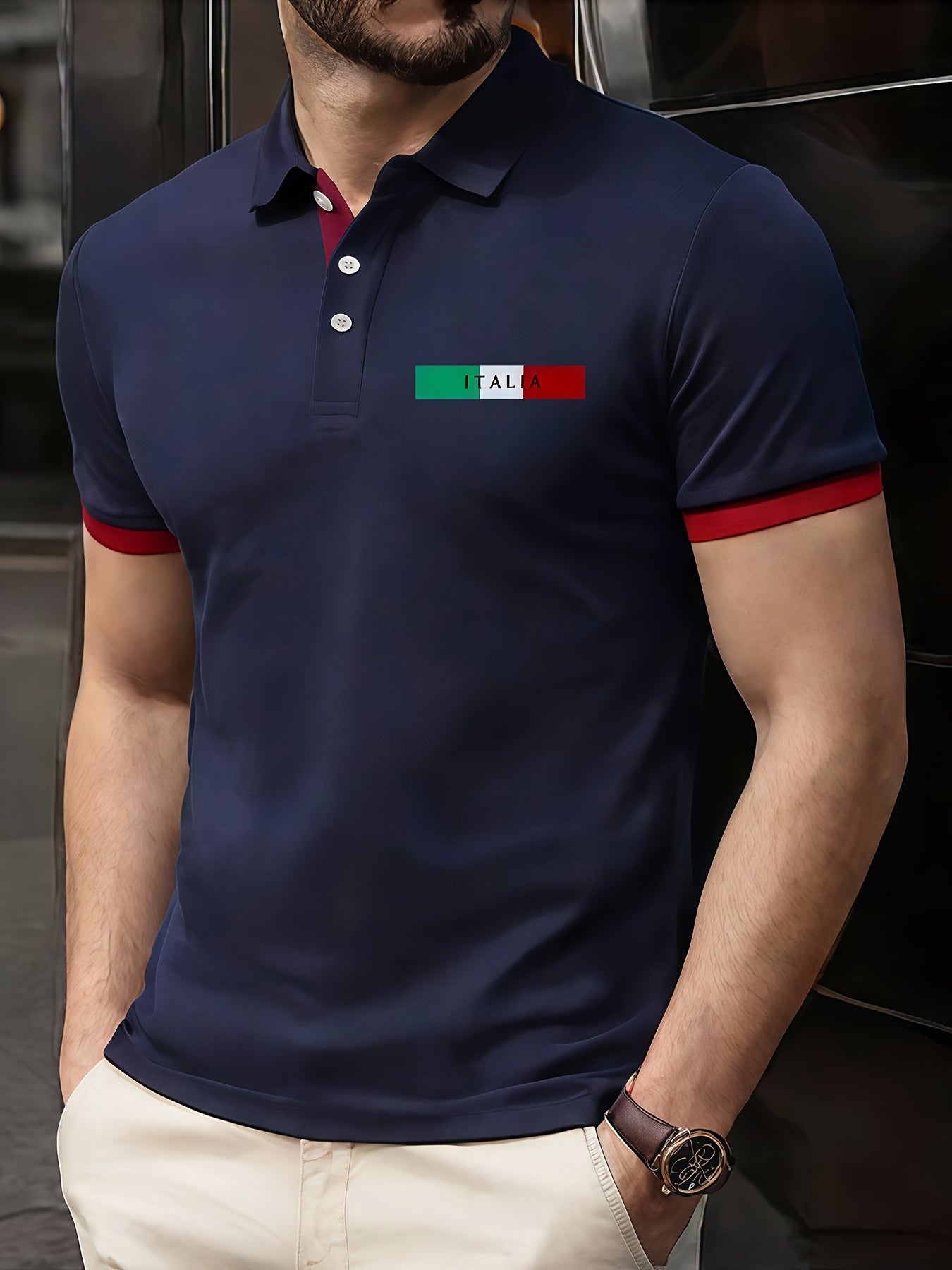 ITALIA Pattern Print, Short Sleeve Golf Shirt Suitable for Business and Leisure Occasions, Men's Clothing, Slim Fit Short Sleeve Golf Shirt as a Gift
