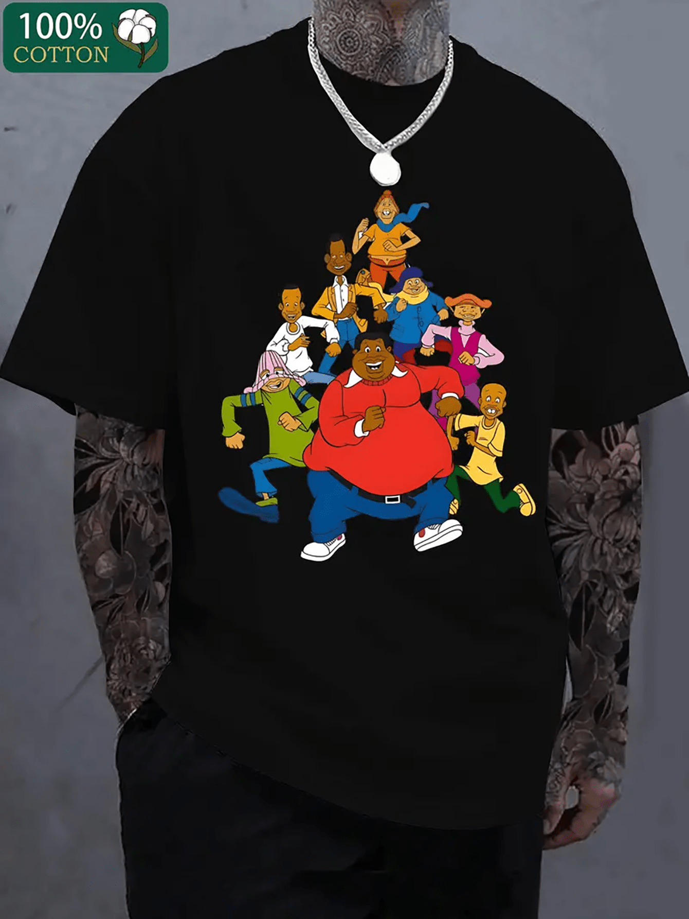 Men's Plus Size T-Shirt | 100% Cotton, Loose Fit | Black with Colorful Cartoon Graphic | Round Neck, Short Sleeve | All-Season Comfort | Machine Washable | Casual Style for Casual Attire