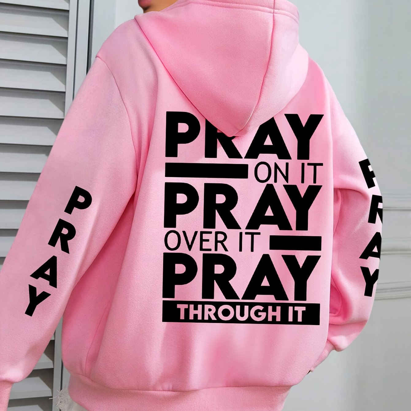 Plus Size PRAY Print Kangaroo Pocket Hoodie - Cozy Casual Long Sleeve Drawstring Sweatshirt with Relaxed Fit for Spring and Fall, Soft and Breathable Fabric, Women's Comfortable Plus Size Clothing