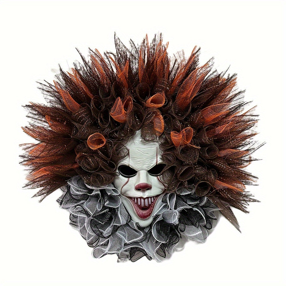 One Halloween Clown Return Mask Wreath, Scary Decoration for Front Door, Home Holiday Party