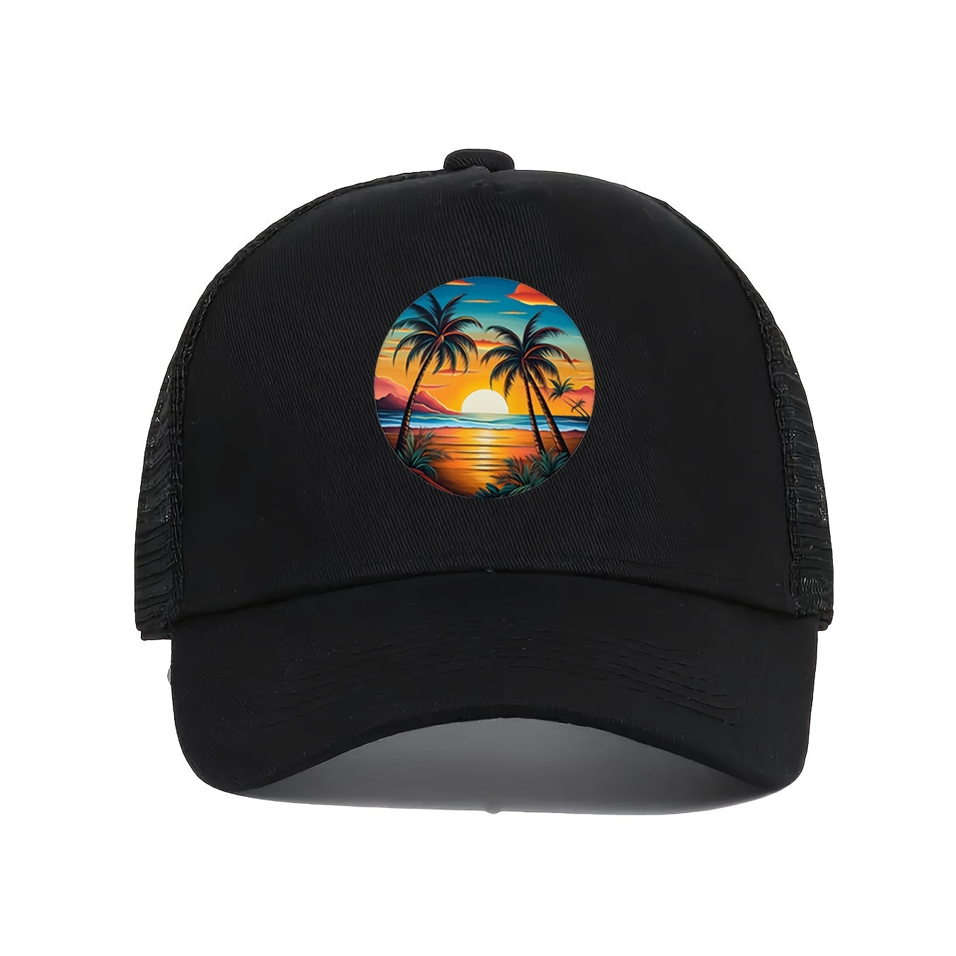 Unisex Tropical Sunset Print Trucker Cap - Adjustable Breathable Mesh Back Baseball Hat for Outdoor Activities