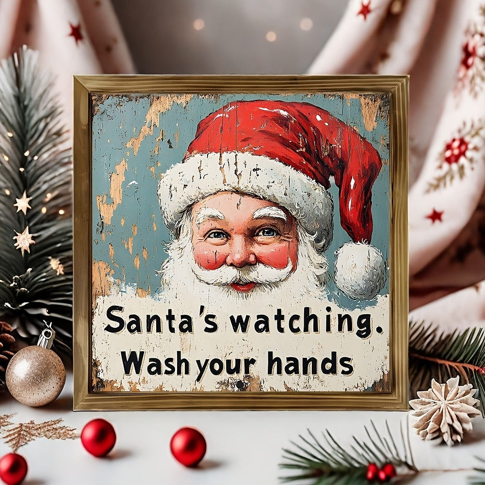 Woodcut Charming Rustic Santa Sign - Wall Art for Home & Bathroom Decor, Perfect Christmas Decor