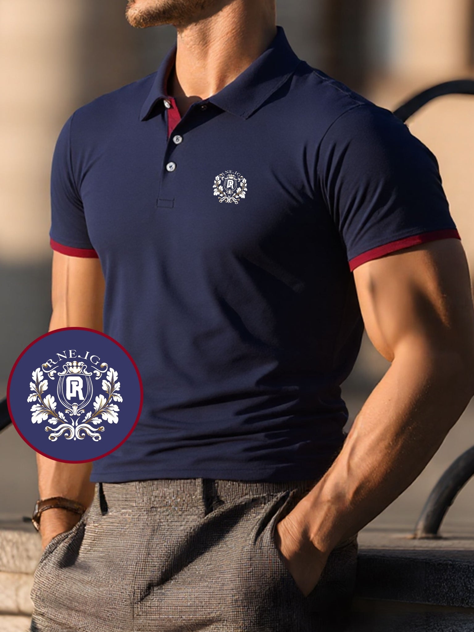Men's Summer Short-Sleeve Shirt - Breathable Knit Fabric with Geometric Badge Pattern, Sweat Absorbent Casual Sportswear, Regular Fit Button-Up Collar for Outdoor, Parties & Casual Attire, Outdoor Activities, Stylish Sportswe