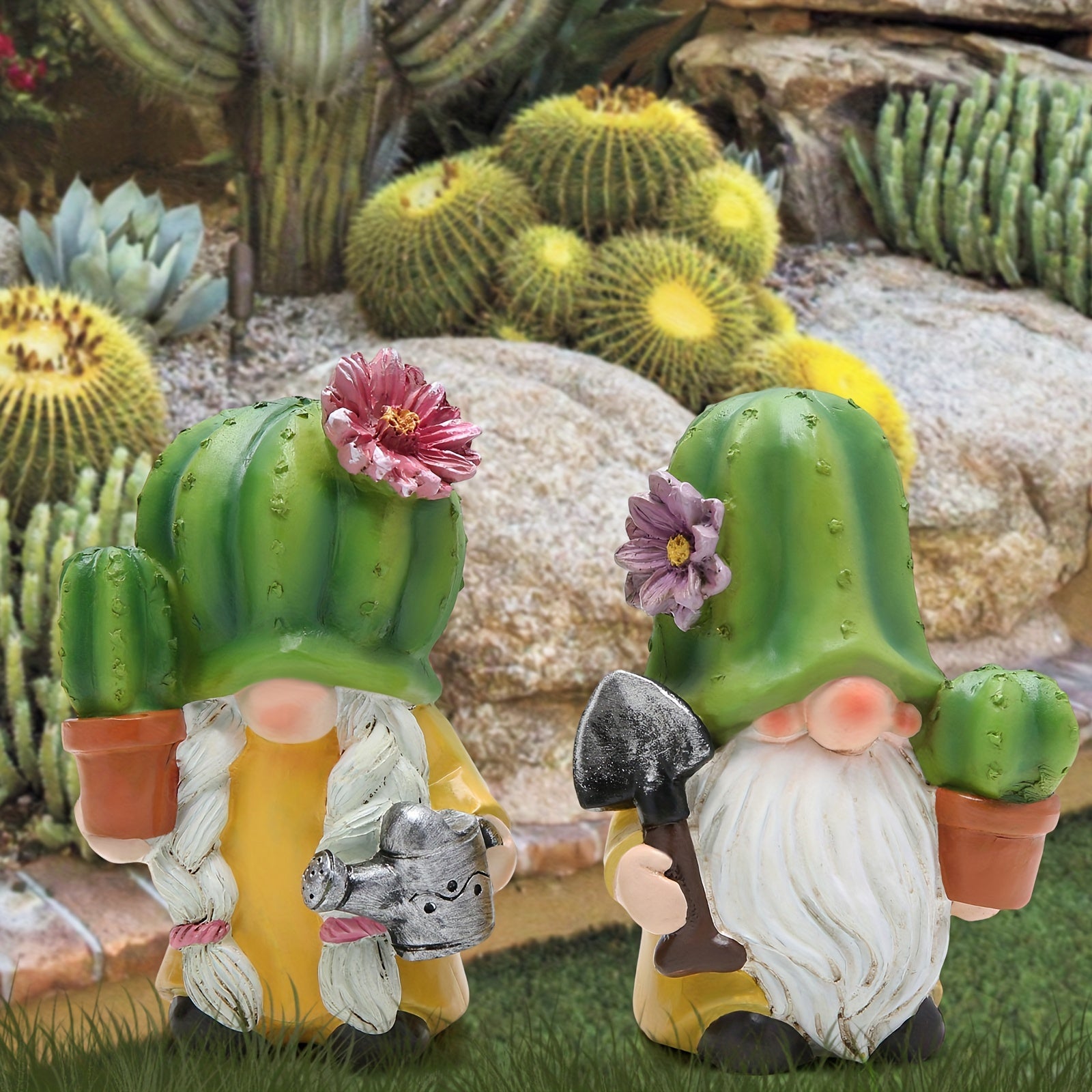Resin Cactus Garden Gnomes Figurines - Spring Summer Green Plant Elf Decor, Tiered Tray Cacti Flower Gnome, Southwest Style Desert Outdoor Statues for Indoor and Outdoor Use