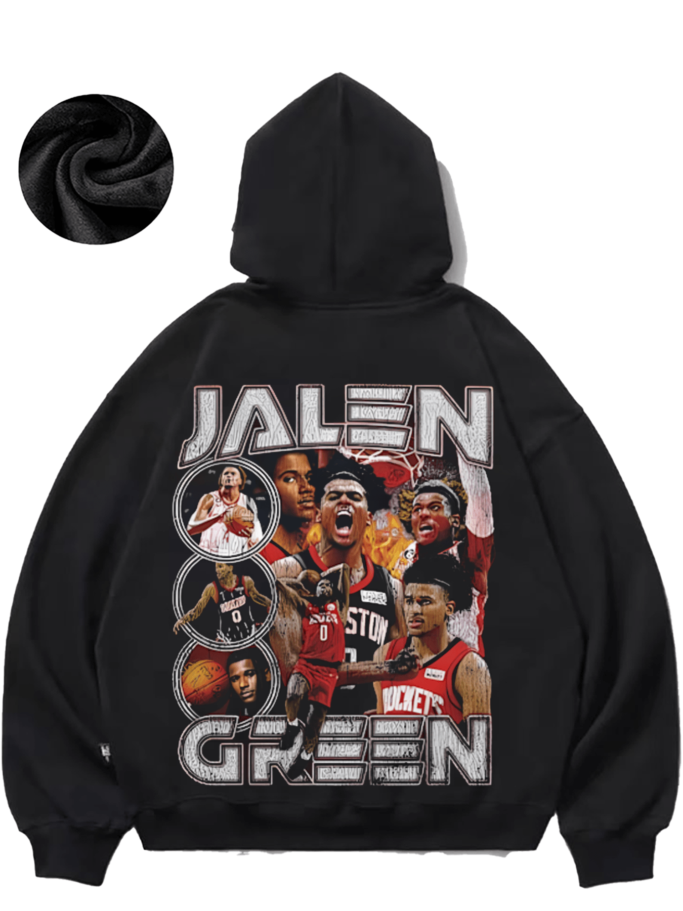 Men's Jalen Green Basketball-Themed Hoodie - Cozy Fleece Pullover with Player Silhouettes, Casual Style for Fall/Winter, Black/Grey
