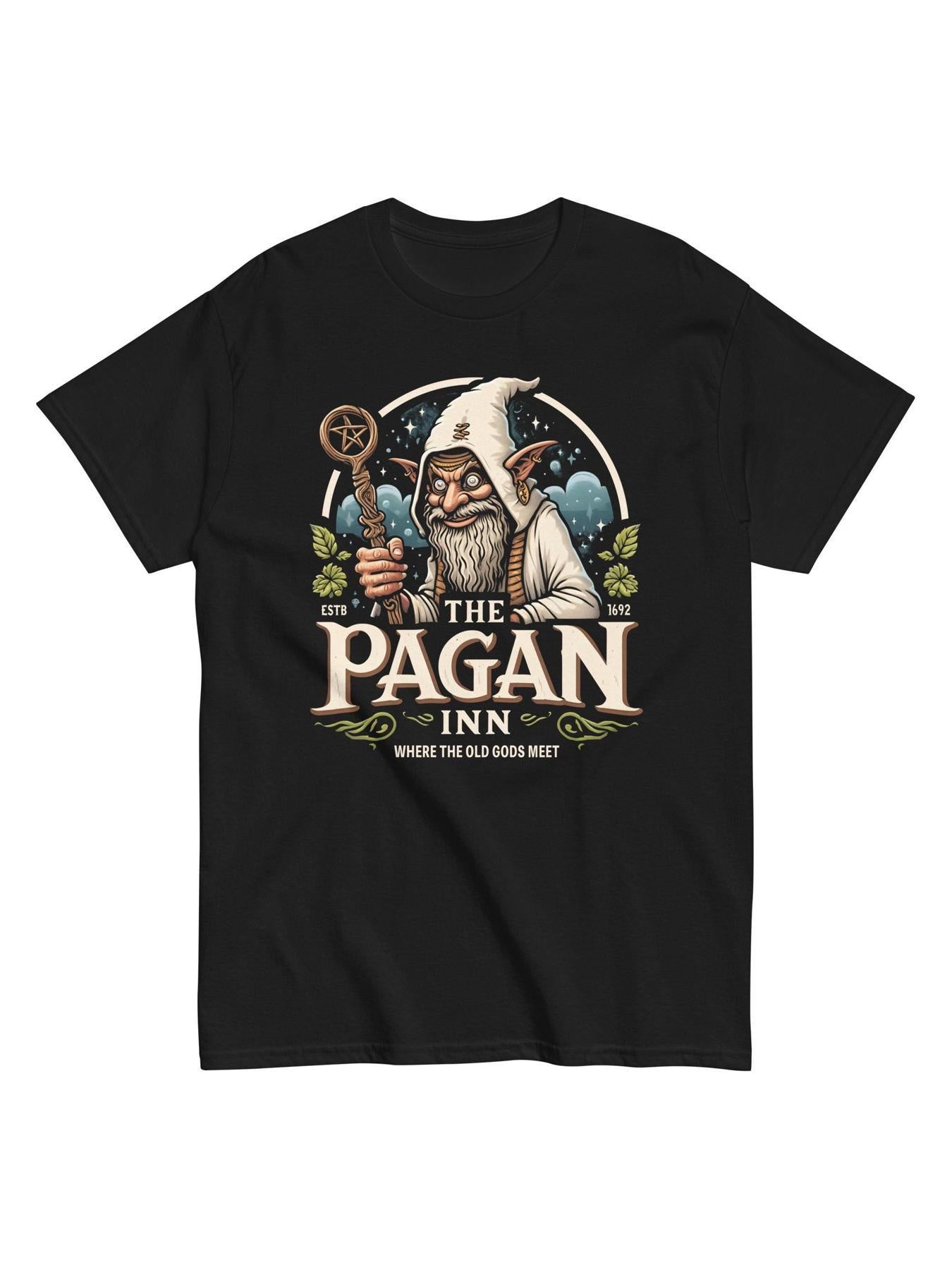 Pagan Inn Graphic Tee - Unisex Witchy Wiccan T-Shirt for Men & Women, Mystical Goblin & Moon Design, Soft Breathable Fabric, Casual Streetwear, Black Short Sleeve Regular Fit All-Season Comfort, Witchy Accessories, Comfortabl