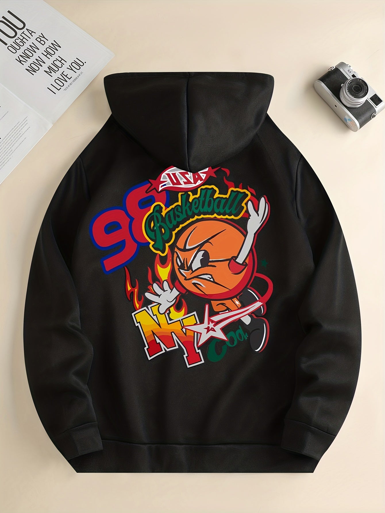 Men'S Trendy Hoodie with Basketball Print - Casual Drawstring Pullover with Kangaroo Pocket, Polyester & Spandex Blend, Machine Washable